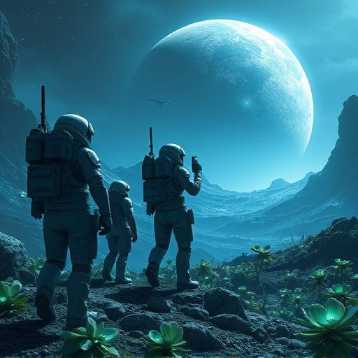 Equipe de exploradores usando trajes espaciais avan&auml;ados em um planeta alien&iacute;gena com flora bioluminescente
