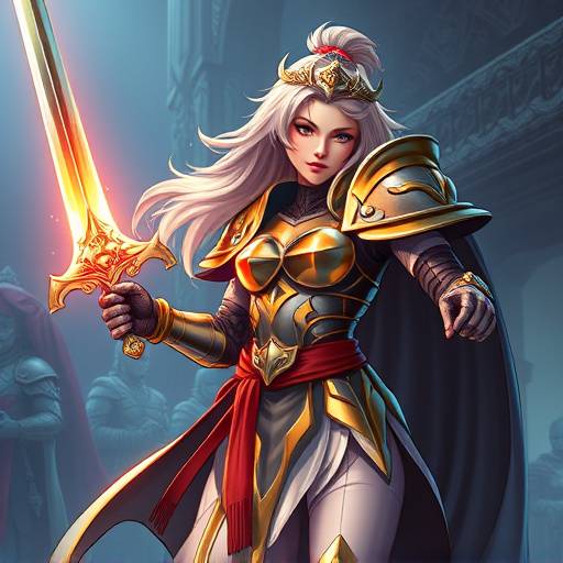 Personagem feminina com armadura brilhante, empunhando uma espada m&aacute;gica em um cen&aacute;rio &eacute;pico
