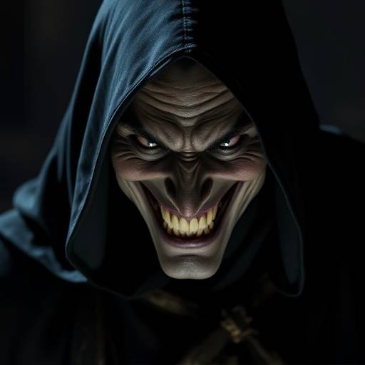 Retrato de um antagonista com vestes escuras e um sorriso sinistro.