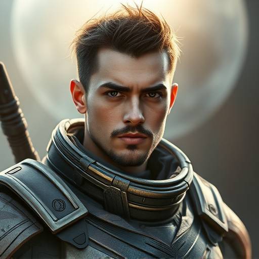 Retrato de um guerreiro humano com armadura futurista.