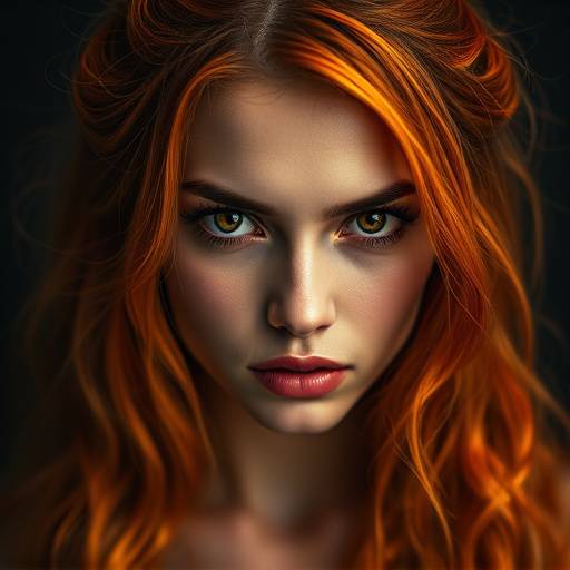 Retrato de uma mulher com cabelos flamejantes e um olhar intenso.