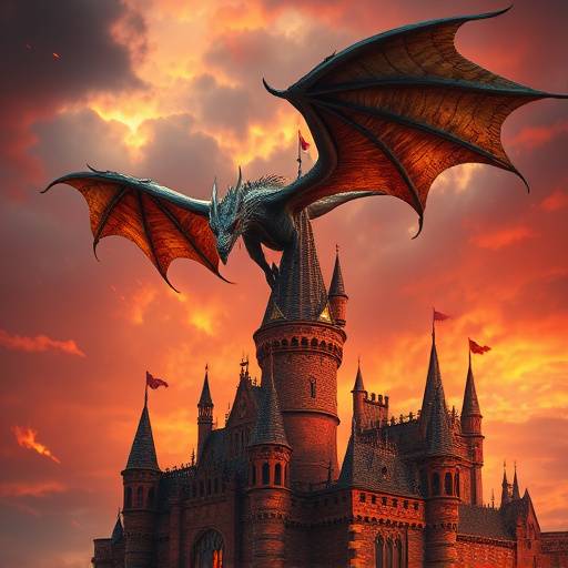 Um drag&radic;&pound;o majestoso sobrevoando um castelo em chamas