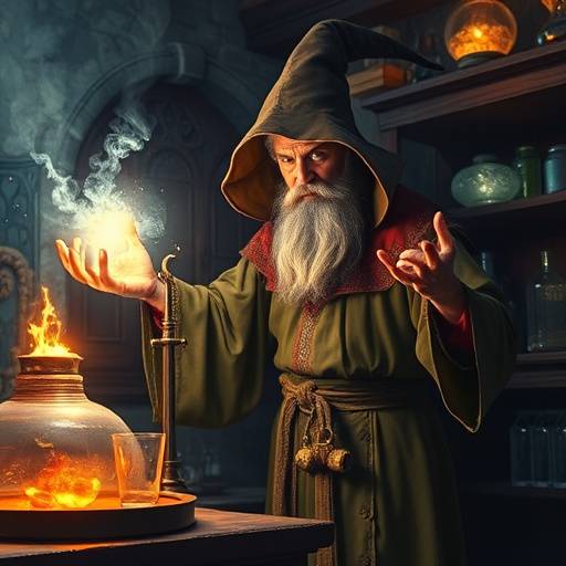 Um mago conjurando um feiti&radic;&sect;o luminoso em um laborat&radic;&ge;rio m&radic;&ne;stico